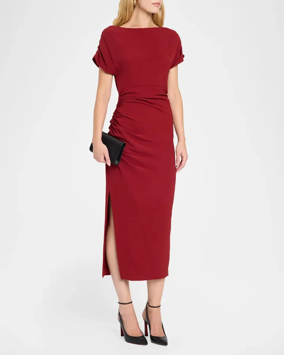 Lela Rose High-Neck Ruched Fluid Crepe Slit Midi Dress | Thumbnail 4 Lela Rose High-Neck Ruched Fluid Crepe Slit Midi Dress | Thumbnail 4