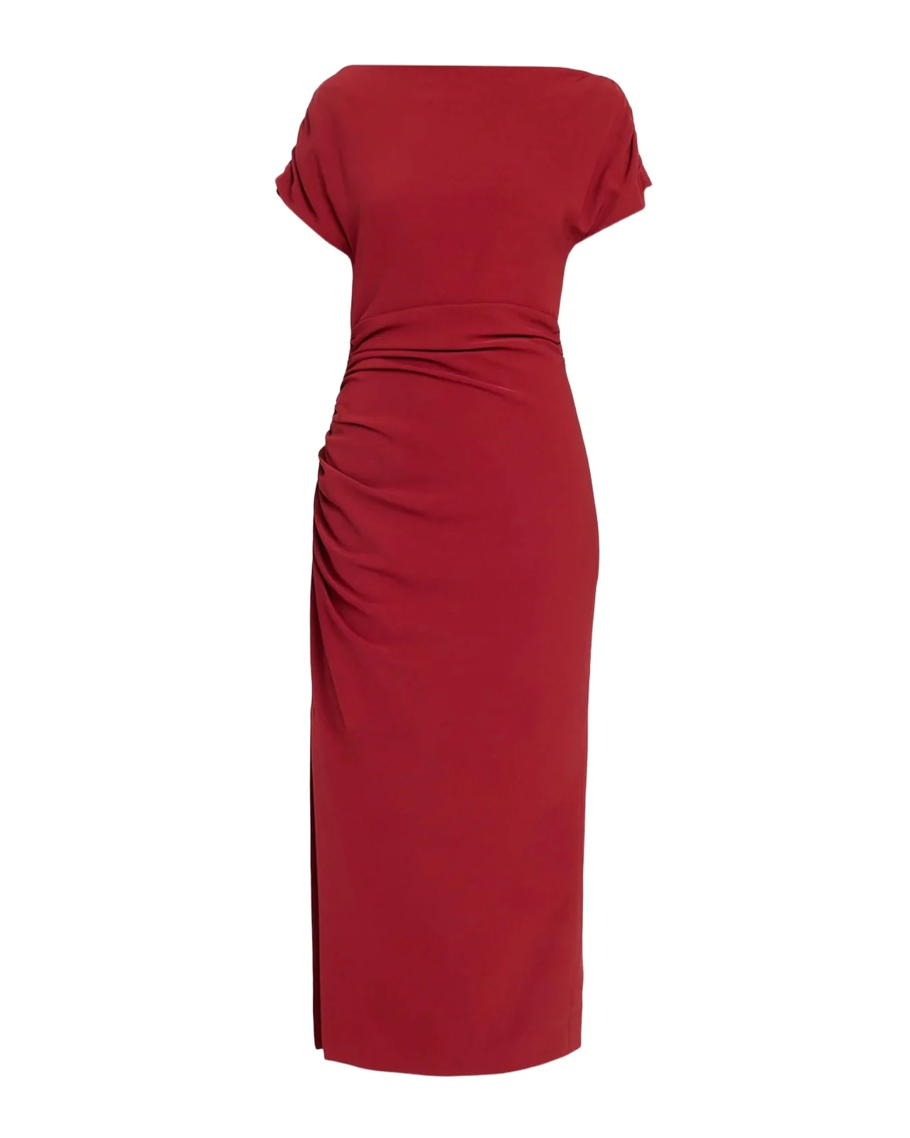 Lela Rose High-Neck Ruched Fluid Crepe Slit Midi Dress