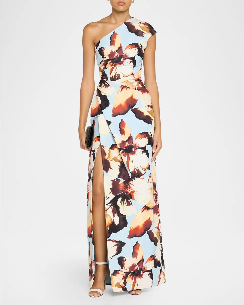 MONIQUE LHUILLIER One-Shoulder Amber Lily Print Slit Column Gown | Thumbnail 2 MONIQUE LHUILLIER One-Shoulder Amber Lily Print Slit Column Gown | Thumbnail 2