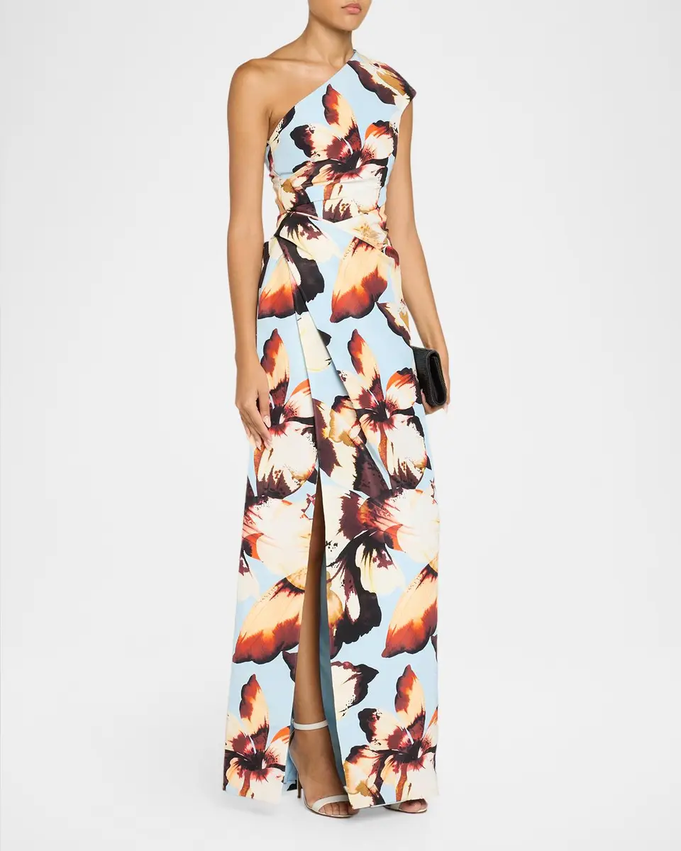 MONIQUE LHUILLIER One-Shoulder Amber Lily Print Slit Column Gown | Thumbnail 4 MONIQUE LHUILLIER One-Shoulder Amber Lily Print Slit Column Gown | Thumbnail 4