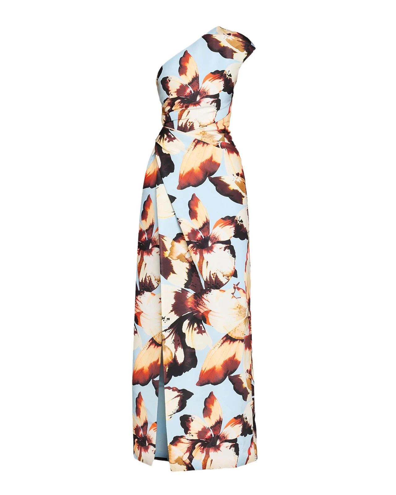 One-Shoulder Amber Lily Print Slit Column Gown