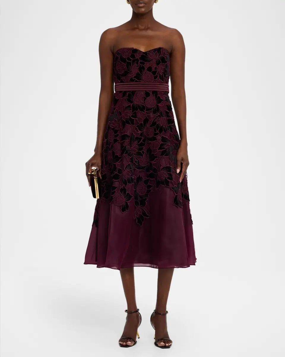 BADGLEY MISCHKA Floral Embroidered Strapless Cocktail Midi Dress | Thumbnail 2 BADGLEY MISCHKA Floral Embroidered Strapless Cocktail Midi Dress | Thumbnail 2