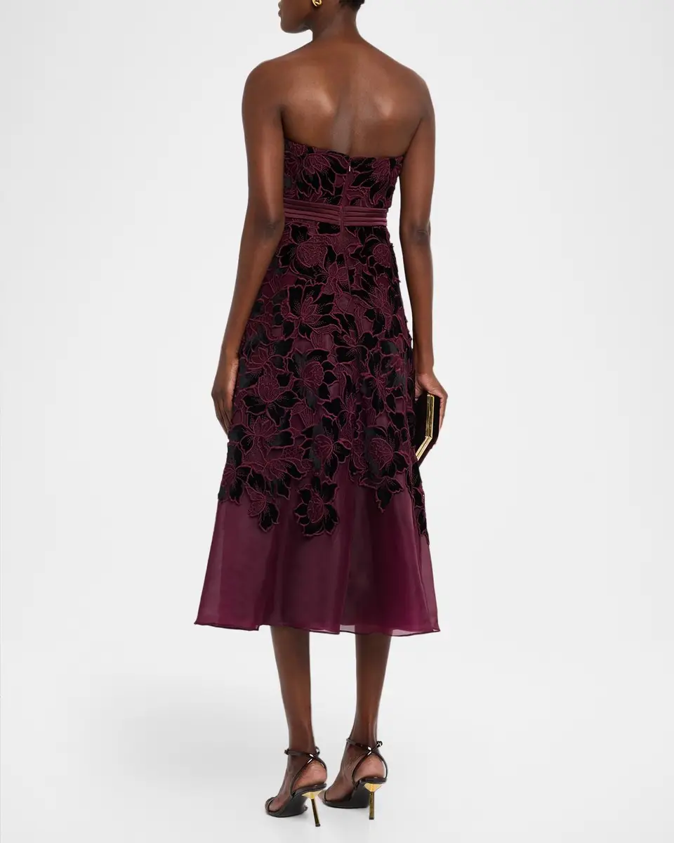 BADGLEY MISCHKA Floral Embroidered Strapless Cocktail Midi Dress | Thumbnail 3 BADGLEY MISCHKA Floral Embroidered Strapless Cocktail Midi Dress | Thumbnail 3