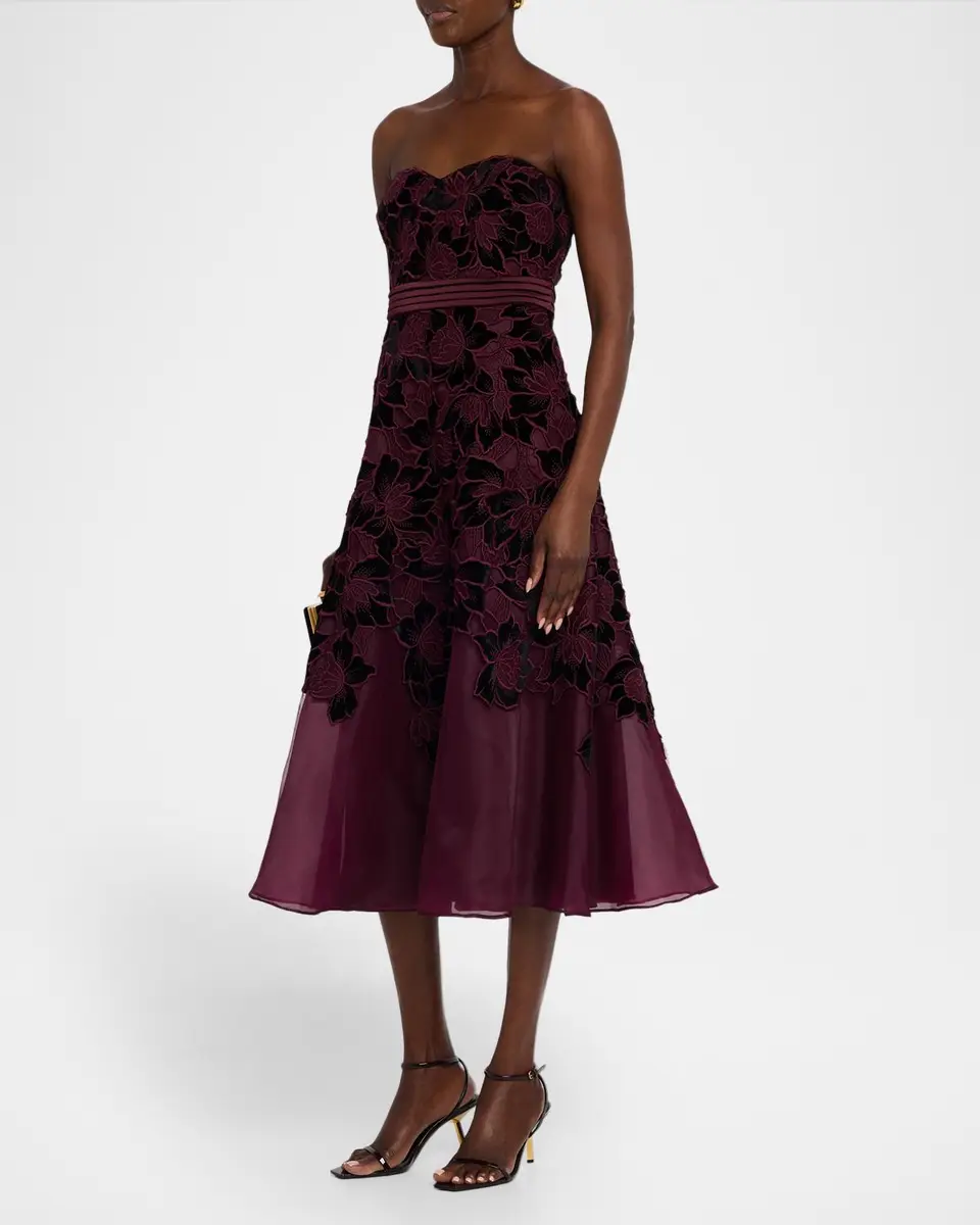 BADGLEY MISCHKA Floral Embroidered Strapless Cocktail Midi Dress | Thumbnail 4 BADGLEY MISCHKA Floral Embroidered Strapless Cocktail Midi Dress | Thumbnail 4