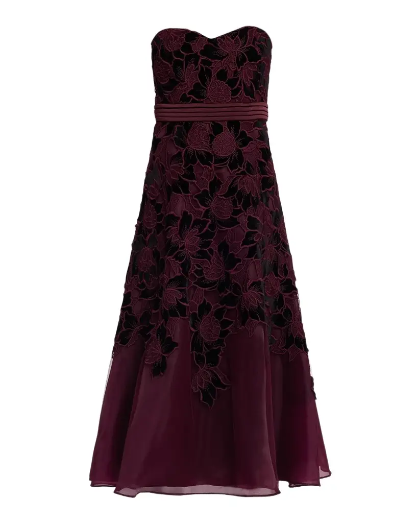 Floral Embroidered Strapless Cocktail Midi Dress Floral Embroidered Strapless Cocktail Midi Dress