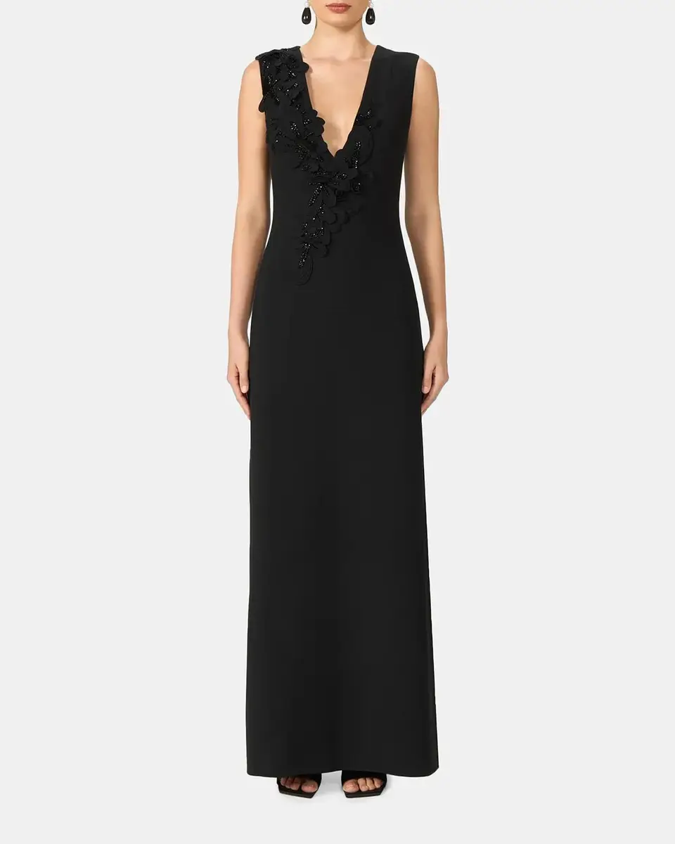 Costarellos Jevi Embellished V-Neck Crepe Sleeveless Column Gown | Thumbnail 2 Costarellos Jevi Embellished V-Neck Crepe Sleeveless Column Gown | Thumbnail 2