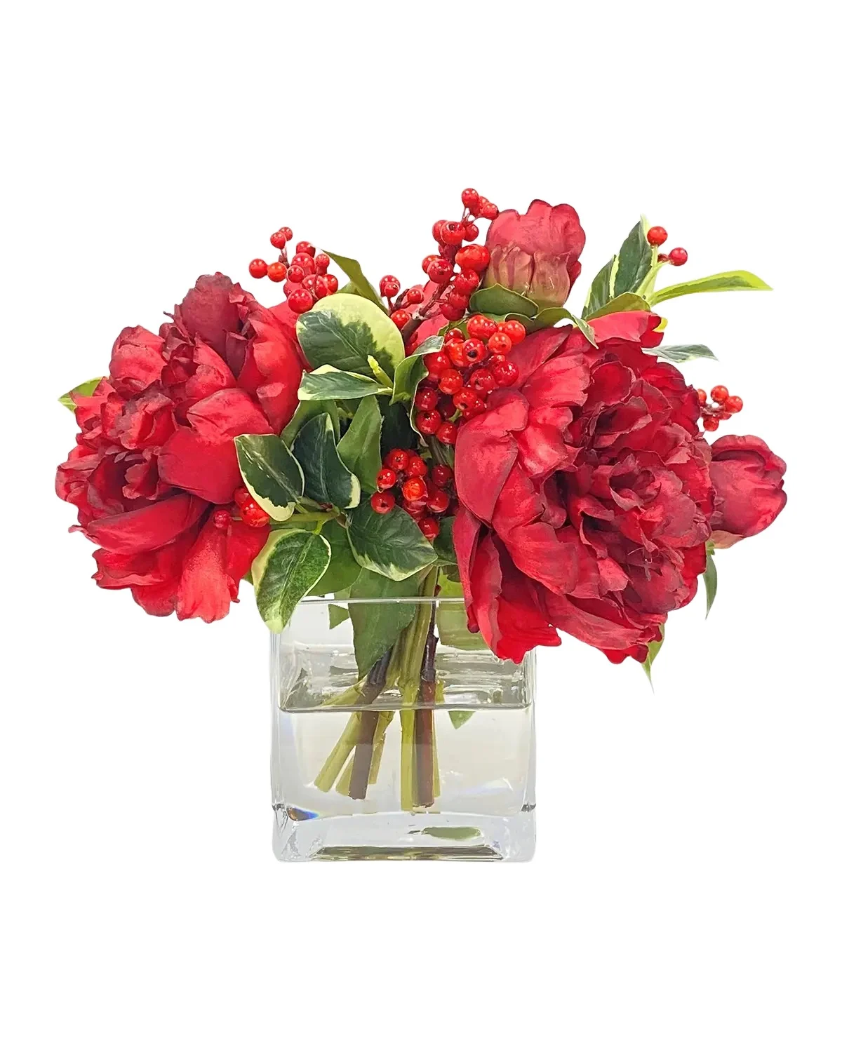 Winward Home Holiday Newness Cube Vase Faux Peony Arrangement