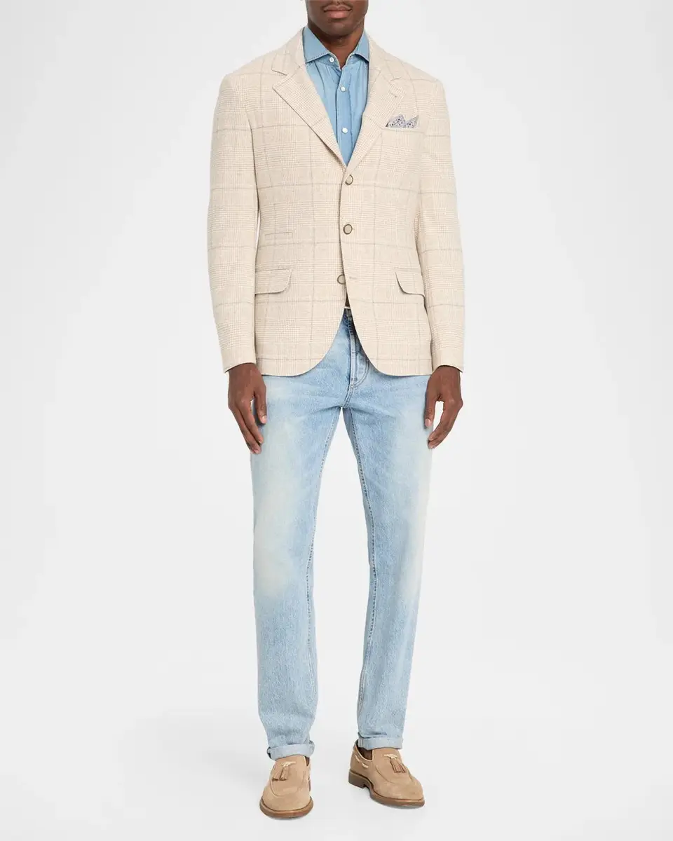 Brunello Cucinelli Men's Silk and Wool Plaid Suit Jacket | Thumbnail 2