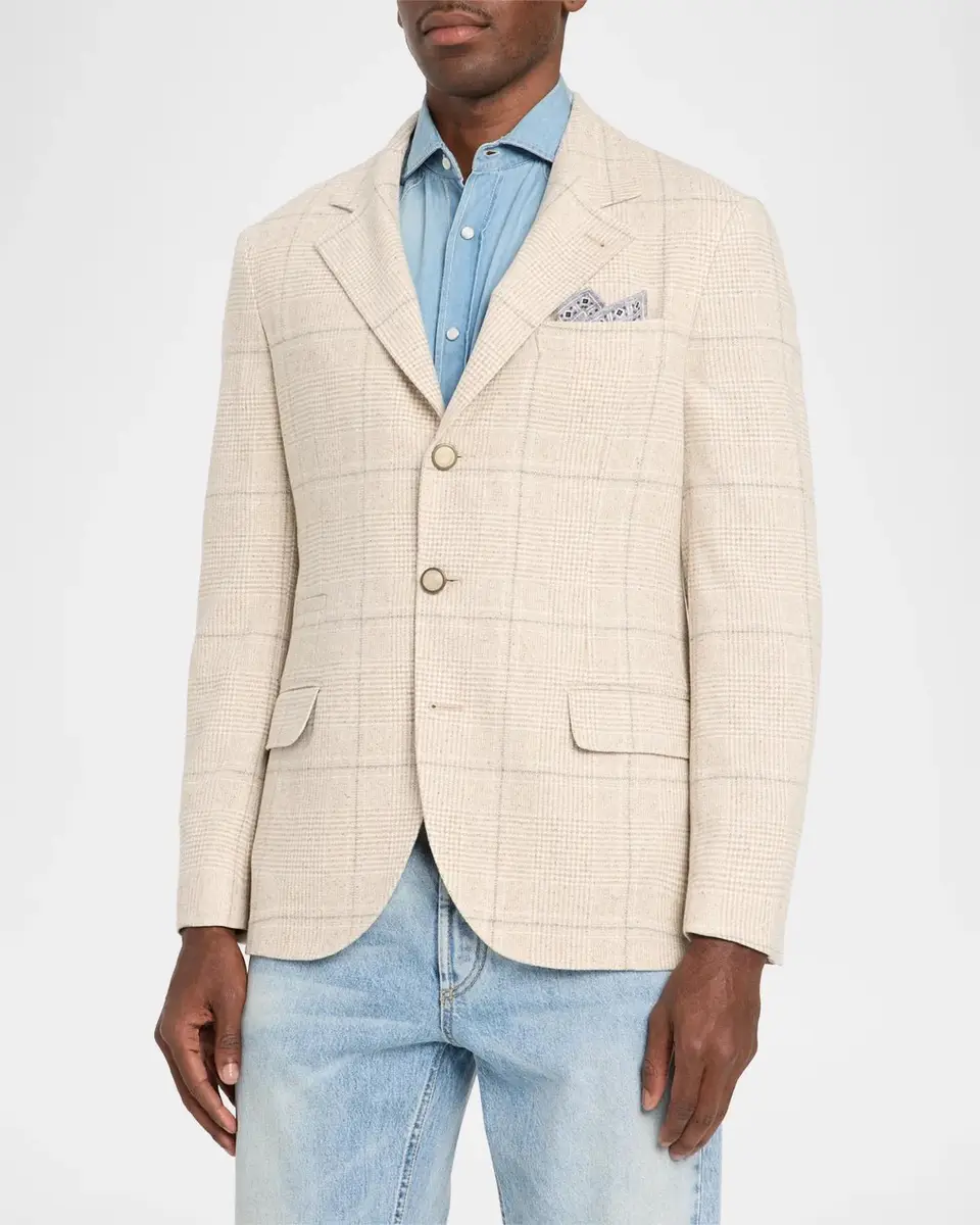 Brunello Cucinelli Men's Silk and Wool Plaid Suit Jacket | Thumbnail 4