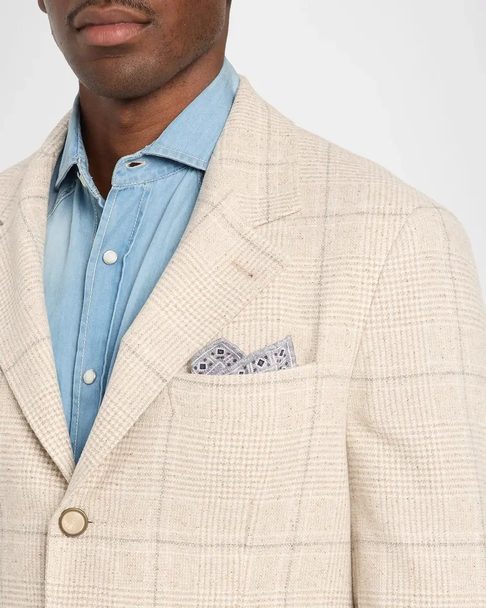 Brunello Cucinelli Men's Silk and Wool Plaid Suit Jacket | Thumbnail 5