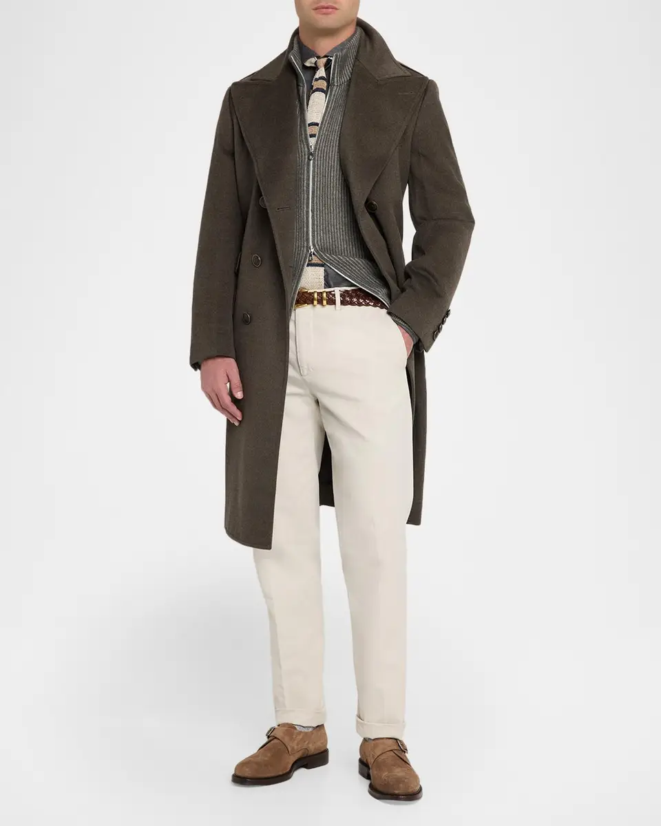 Brunello Cucinelli Men's Wool Mid-Length Double-Breasted Overcoat | Thumbnail 2 Brunello Cucinelli Men's Wool Mid-Length Double-Breasted Overcoat | Thumbnail 2