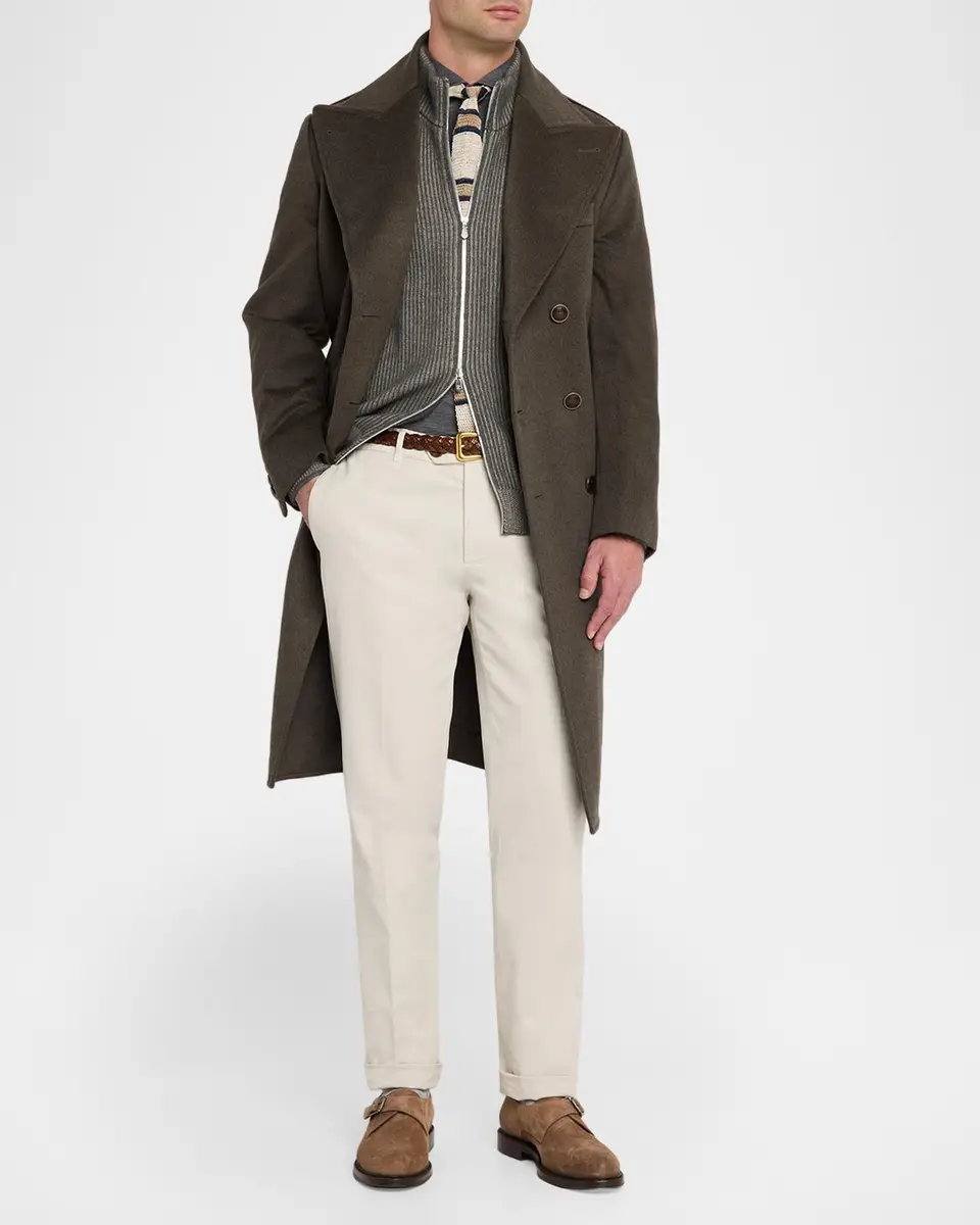 Brunello Cucinelli Men's Wool Mid-Length Double-Breasted Overcoat | Thumbnail 4 Brunello Cucinelli Men's Wool Mid-Length Double-Breasted Overcoat | Thumbnail 4