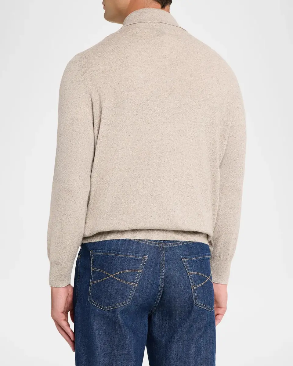 Brunello Cucinelli Men's Cashmere Long-Sleeve Polo Shirt | Thumbnail 3 Brunello Cucinelli Men's Cashmere Long-Sleeve Polo Shirt | Thumbnail 3