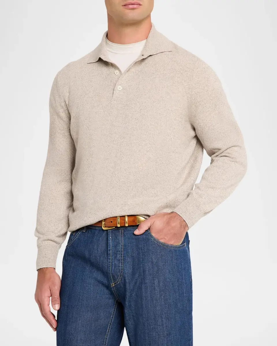 Brunello Cucinelli Men's Cashmere Long-Sleeve Polo Shirt | Thumbnail 4 Brunello Cucinelli Men's Cashmere Long-Sleeve Polo Shirt | Thumbnail 4