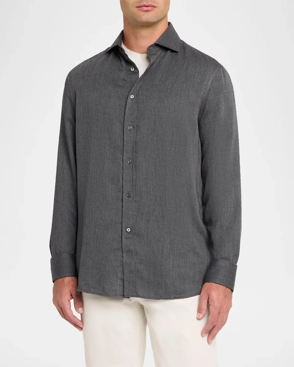 Brunello Cucinelli Men's Cotton and Cashmere Diagonal Flannel Button-Down Shirt | Thumbnail 4