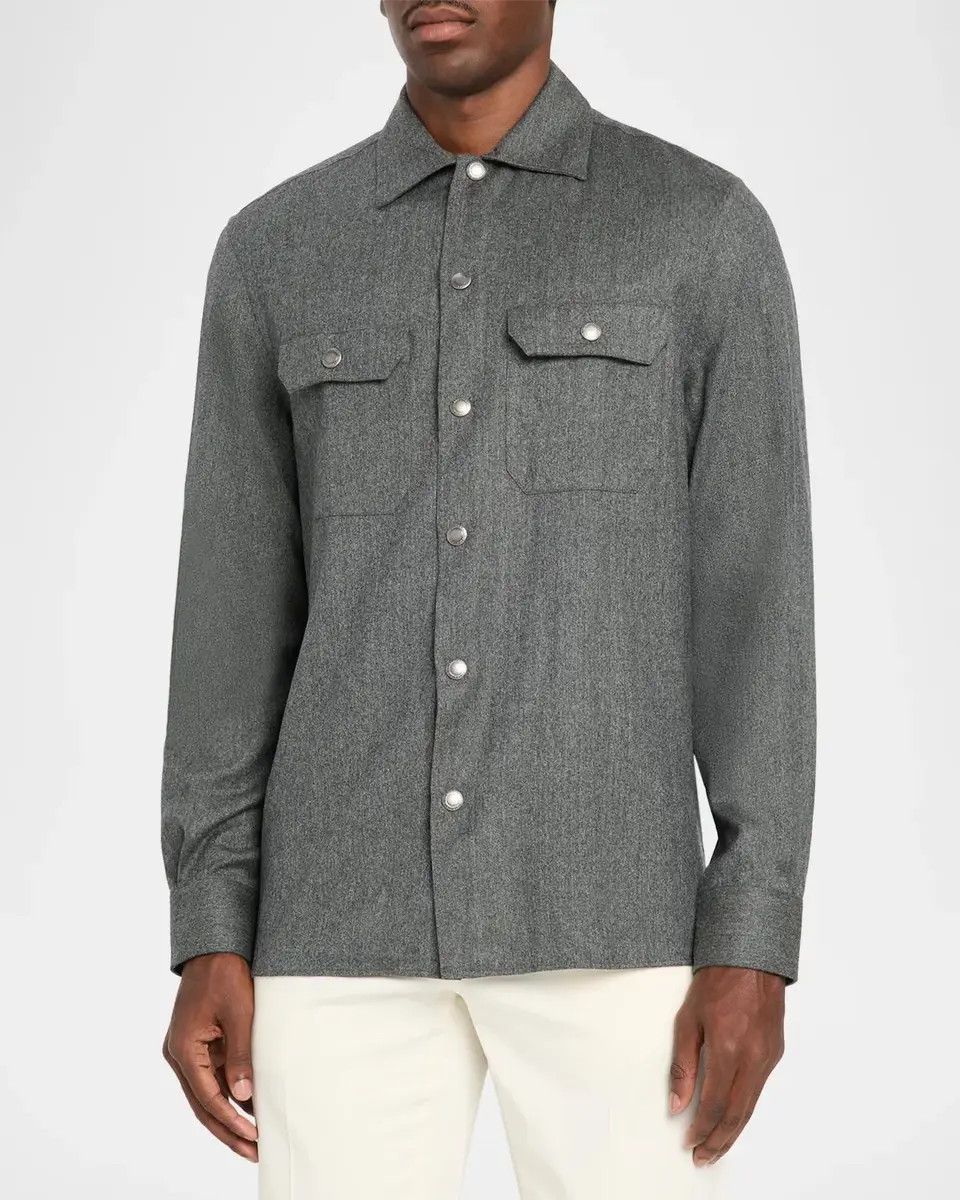 Brunello Cucinelli Men's Wool Snap-Front Overshirt | Thumbnail 4 Brunello Cucinelli Men's Wool Snap-Front Overshirt | Thumbnail 4