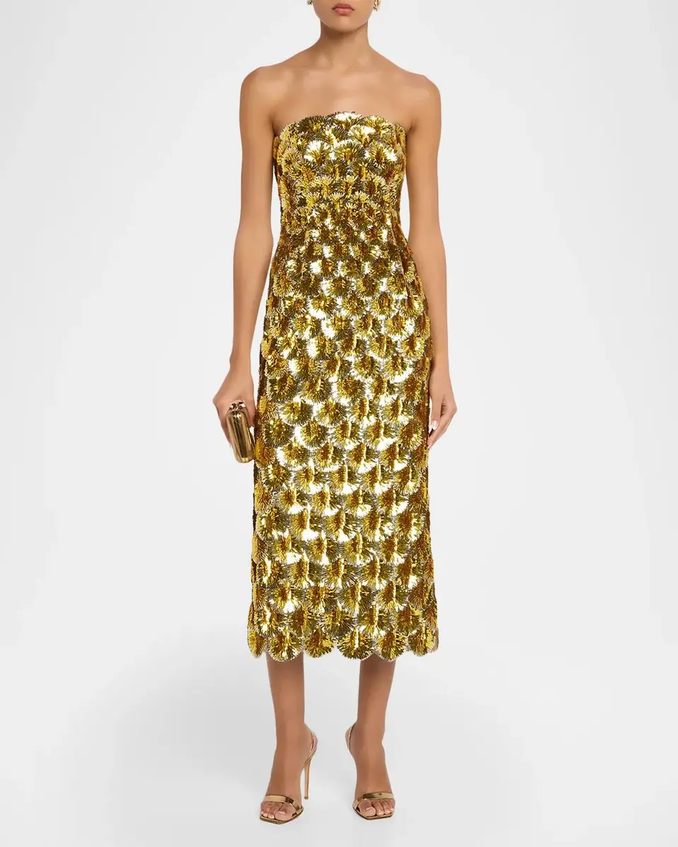 Oscar de la Renta Strapless Scallop Sequined Midi Cocktail Dress | Thumbnail 2 Oscar de la Renta Strapless Scallop Sequined Midi Cocktail Dress | Thumbnail 2