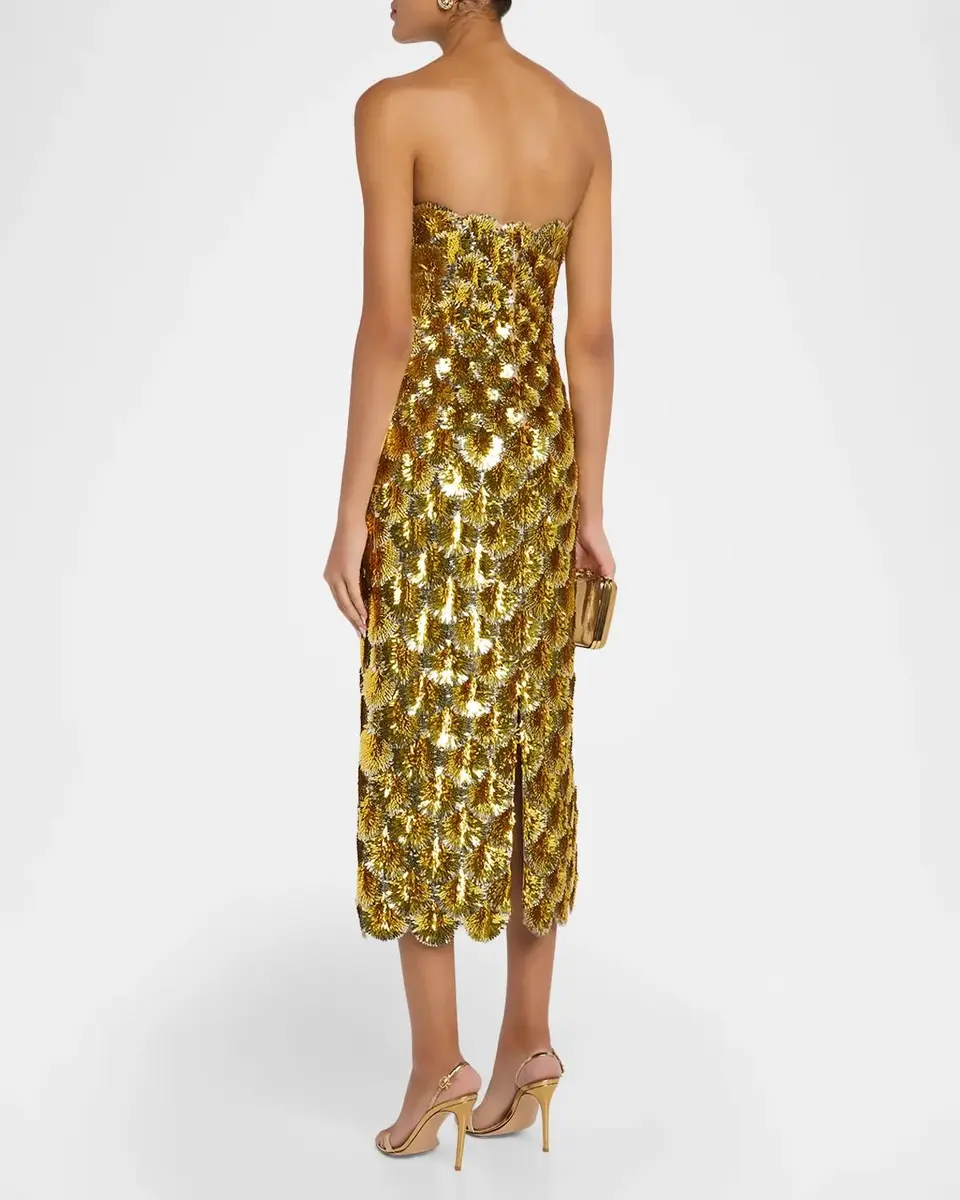 Oscar de la Renta Strapless Scallop Sequined Midi Cocktail Dress | Thumbnail 3 Oscar de la Renta Strapless Scallop Sequined Midi Cocktail Dress | Thumbnail 3