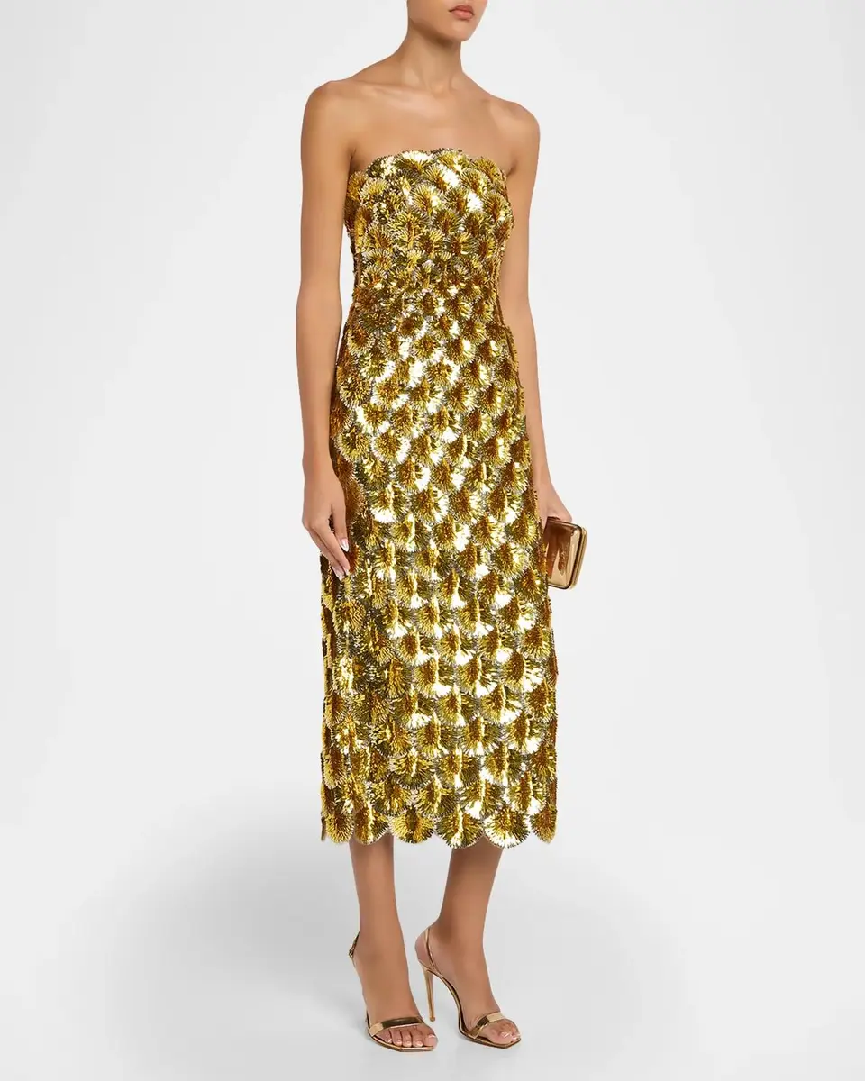 Oscar de la Renta Strapless Scallop Sequined Midi Cocktail Dress | Thumbnail 4 Oscar de la Renta Strapless Scallop Sequined Midi Cocktail Dress | Thumbnail 4