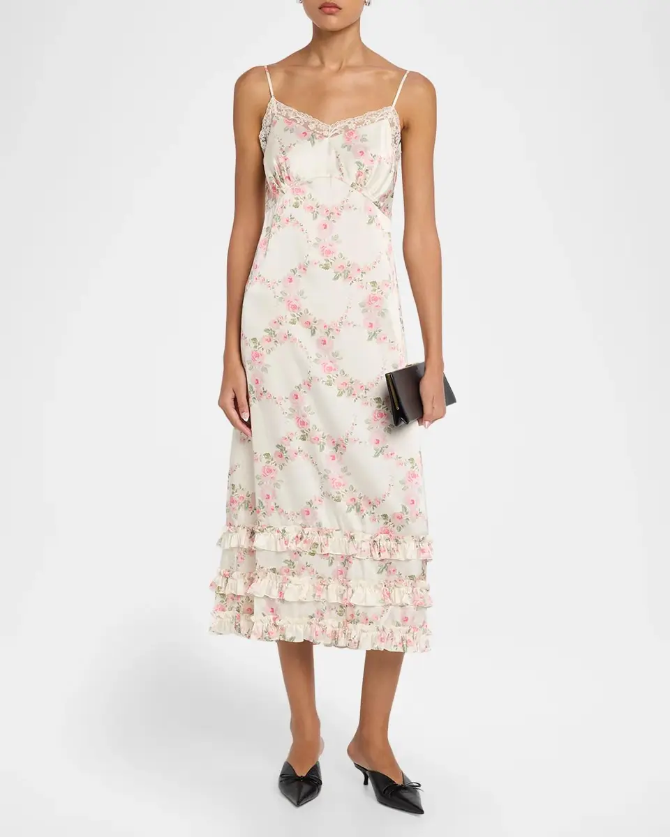 Simone Rocha Floral Satin Tiered Ruffle Midi Slip Dress | Thumbnail 2