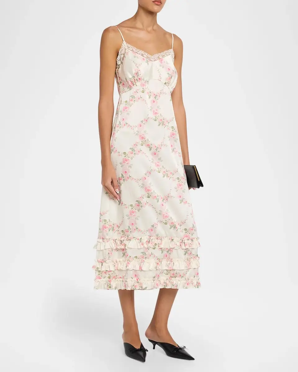 Simone Rocha Floral Satin Tiered Ruffle Midi Slip Dress | Thumbnail 4
