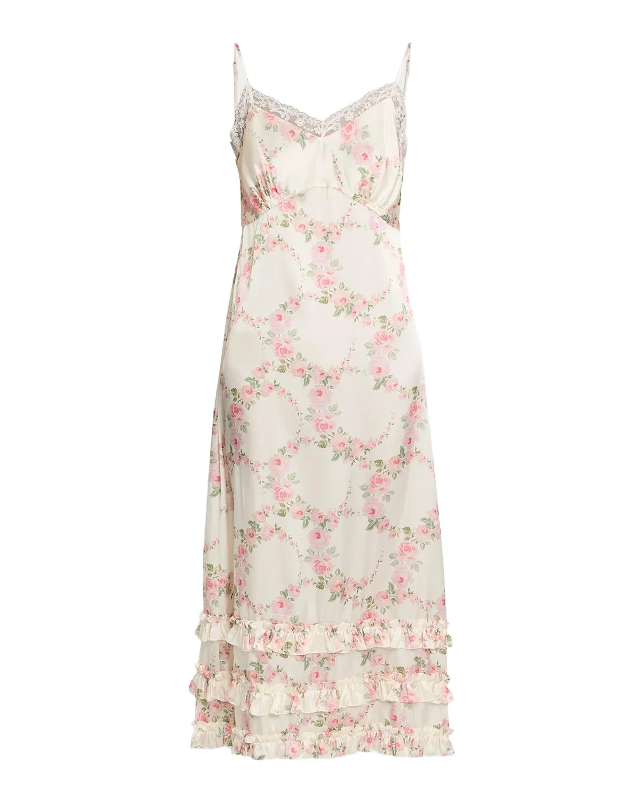 Floral Satin Tiered Ruffle Midi Slip Dress Floral Satin Tiered Ruffle Midi Slip Dress