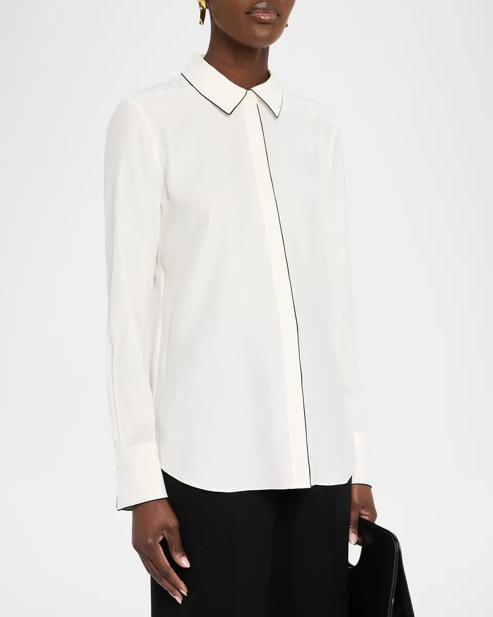 Lafayette 148 New York Scottie Contrast-Piped Silk Blouse | Thumbnail 4