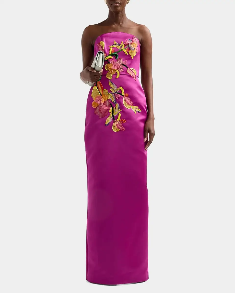 Amsale Floral Satin Strapless Column Gown | Thumbnail 2 Amsale Floral Satin Strapless Column Gown | Thumbnail 2