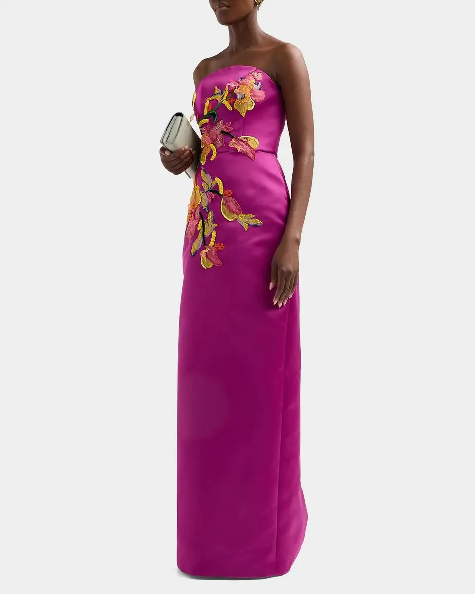 Amsale Floral Satin Strapless Column Gown | Thumbnail 4 Amsale Floral Satin Strapless Column Gown | Thumbnail 4