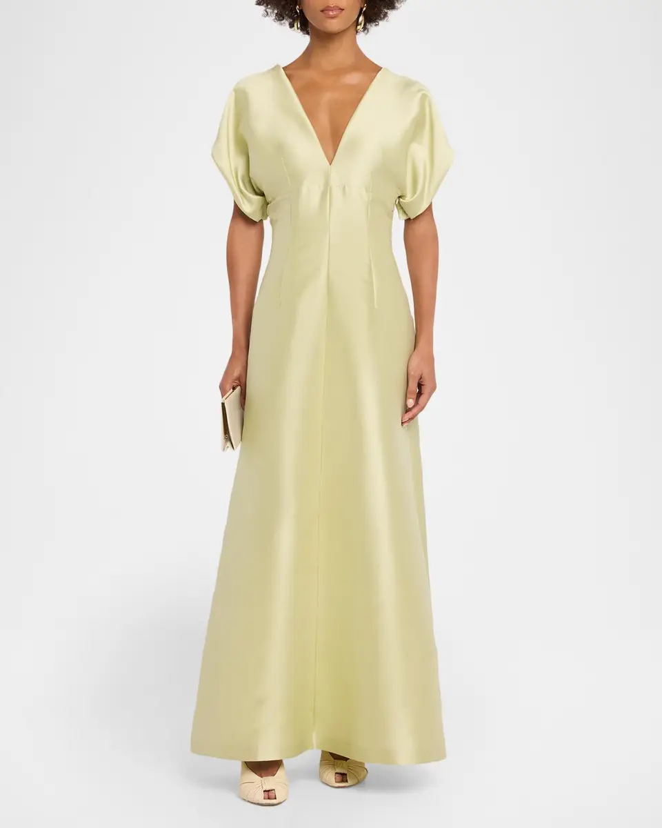 Alberta Ferretti Pleated V-Neck Short-Sleeve Silk Maxi Dress | Thumbnail 2