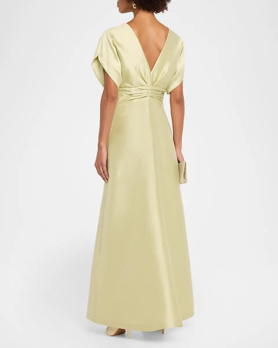 Alberta Ferretti Pleated V-Neck Short-Sleeve Silk Maxi Dress | Thumbnail 3