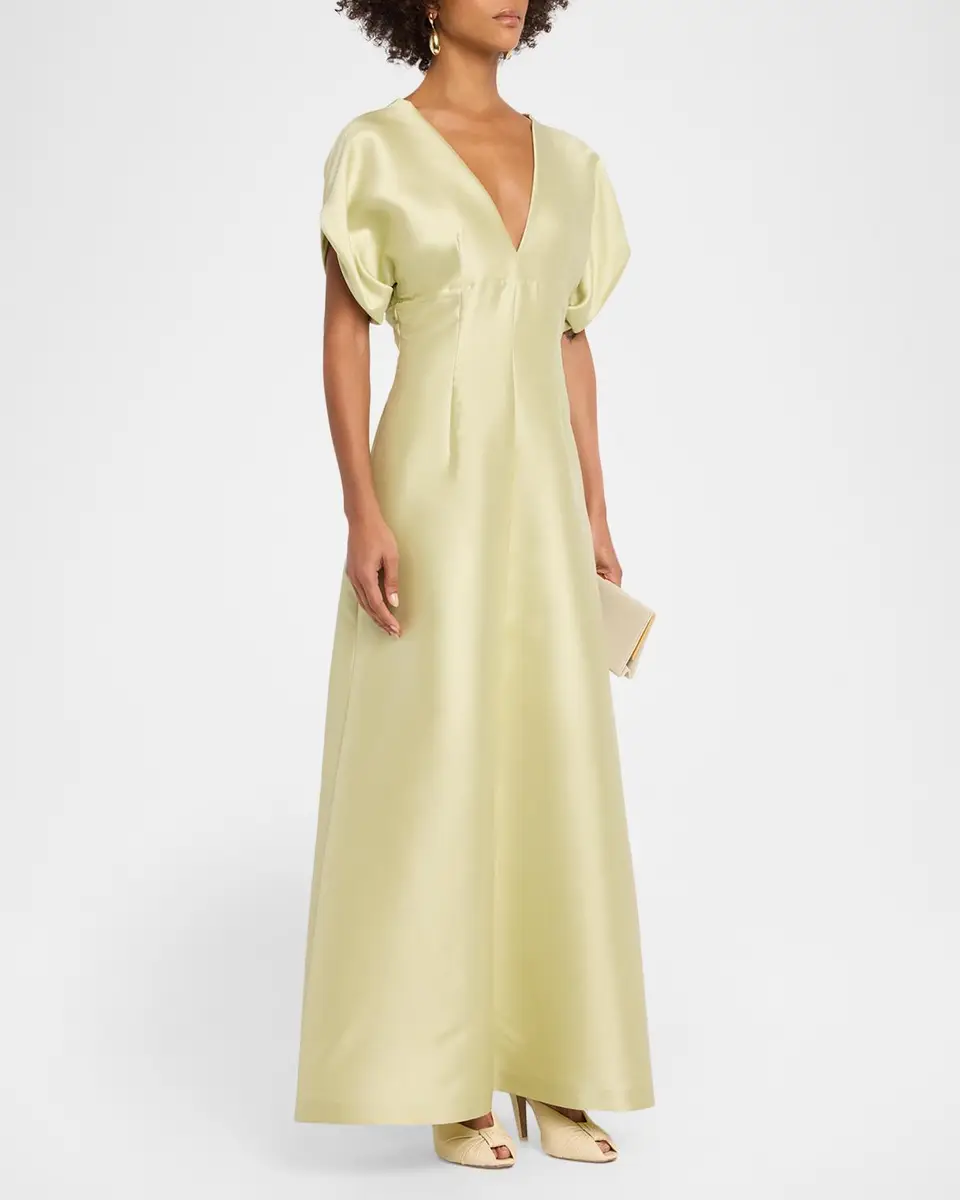 Alberta Ferretti Pleated V-Neck Short-Sleeve Silk Maxi Dress | Thumbnail 4