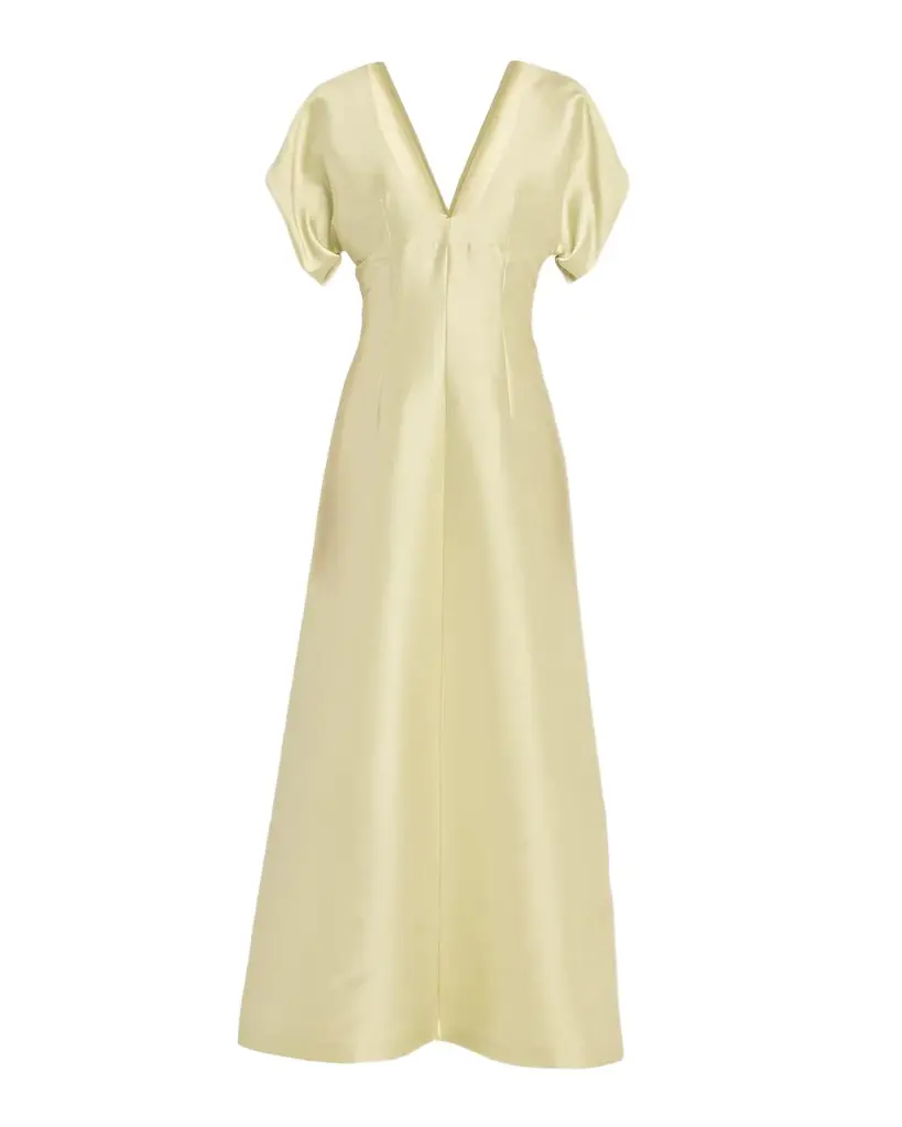 Pleated V-Neck Short-Sleeve Silk Maxi Dress Pleated V-Neck Short-Sleeve Silk Maxi Dress