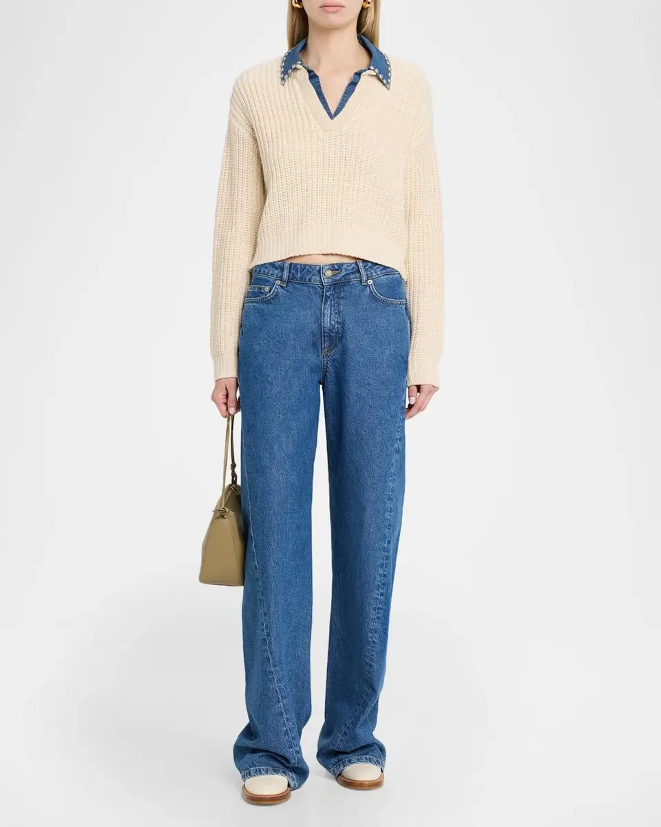 Cinq à Sept Rhiannon Studded Denim Collar Sweater | Thumbnail 2 Cinq à Sept Rhiannon Studded Denim Collar Sweater | Thumbnail 2
