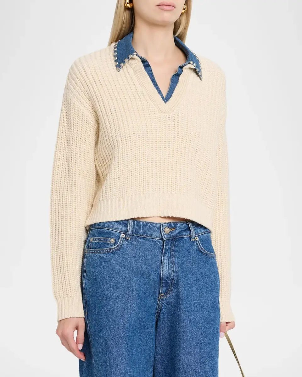Cinq à Sept Rhiannon Studded Denim Collar Sweater | Thumbnail 4 Cinq à Sept Rhiannon Studded Denim Collar Sweater | Thumbnail 4