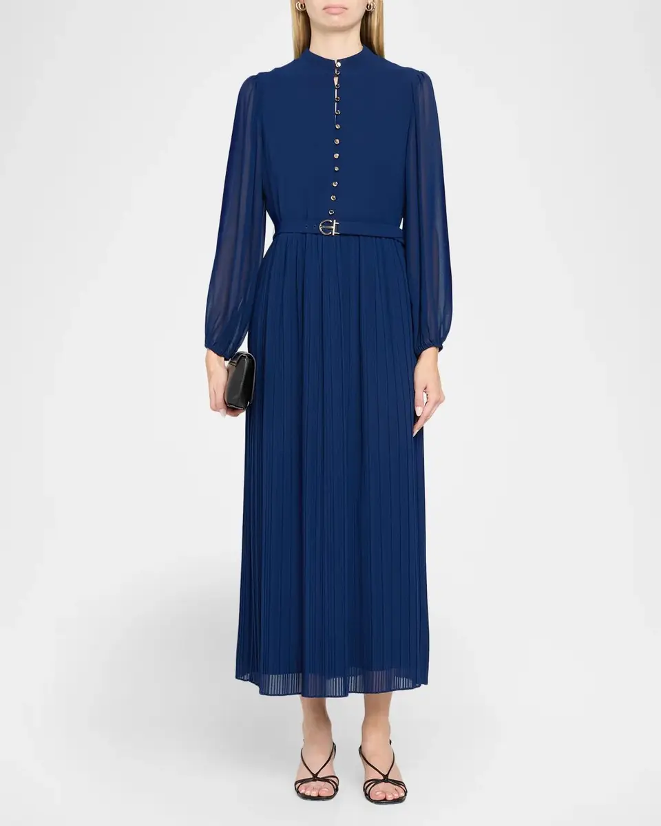 Elie Tahari Adira Pleated A-Line Belted Midi-Dress | Thumbnail 2 Elie Tahari Adira Pleated A-Line Belted Midi-Dress | Thumbnail 2