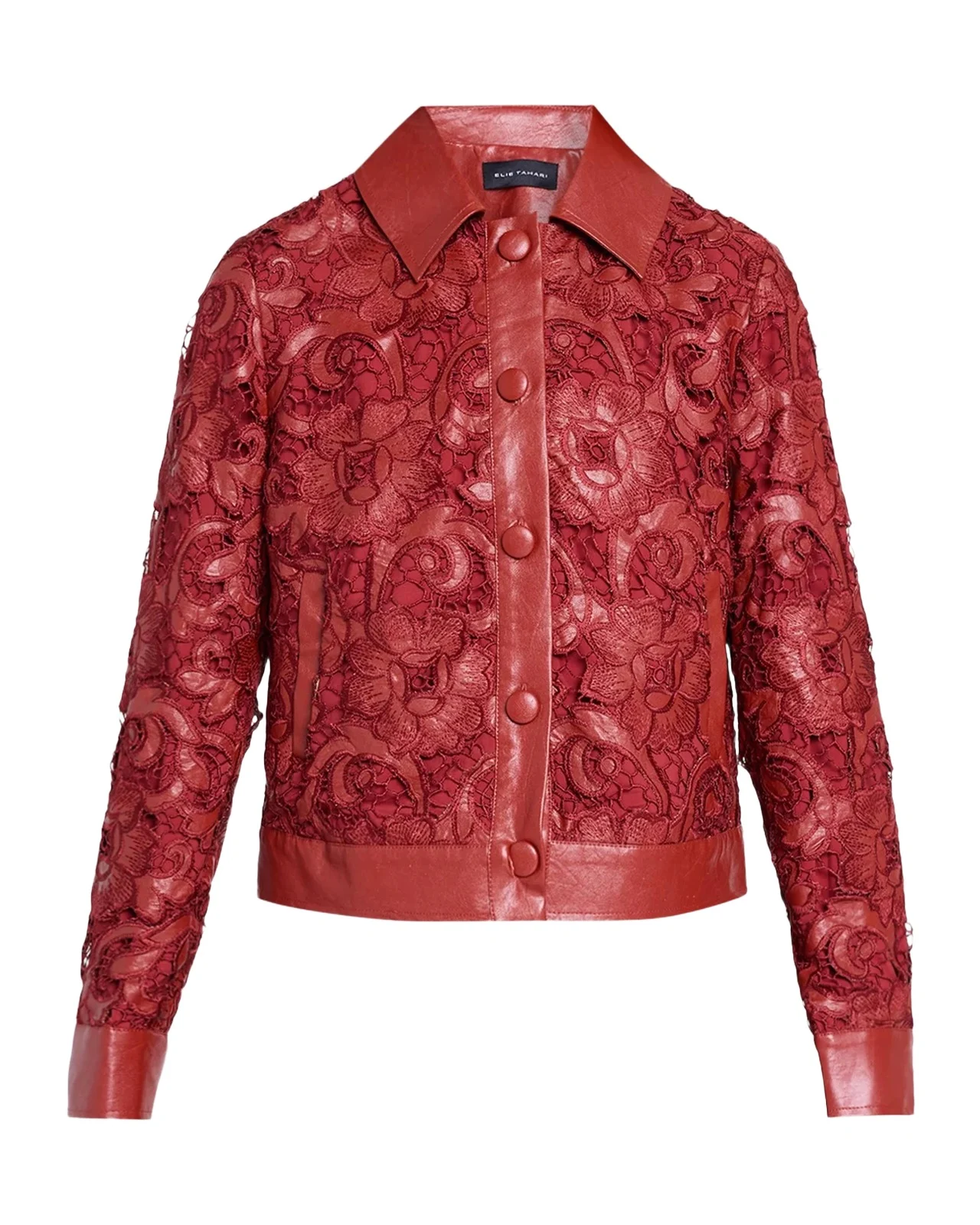 Elie Tahari Chayenne Guipure Lace & Faux-Leather Crop Jacket