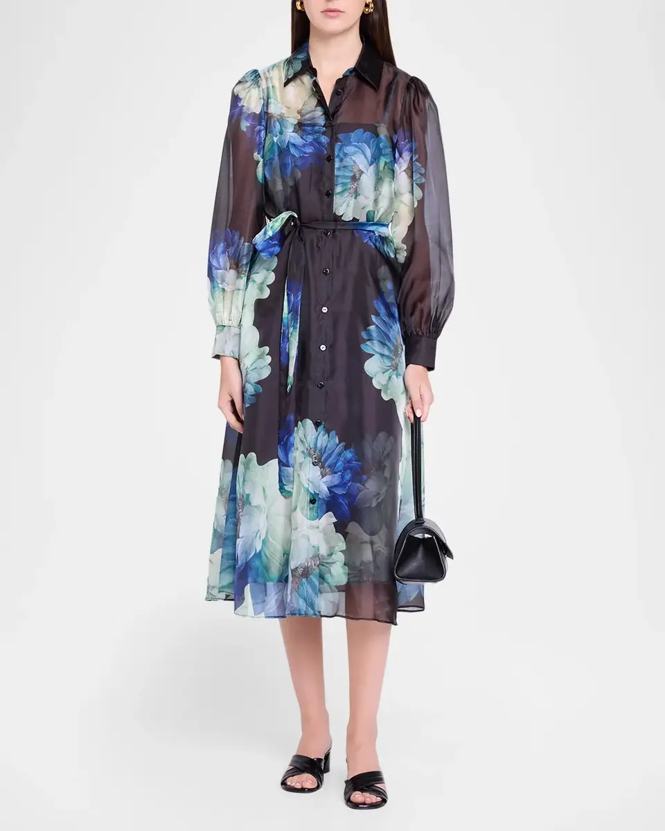 Elie Tahari Romy Floral Organza Self-Belt Midi Shirtdress | Thumbnail 2 Elie Tahari Romy Floral Organza Self-Belt Midi Shirtdress | Thumbnail 2