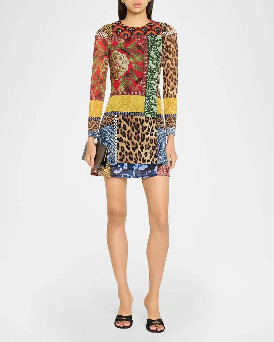 Alice + Olivia Delora Patchwork Long-Sleeve Mini Dress | Thumbnail 2 Alice + Olivia Delora Patchwork Long-Sleeve Mini Dress | Thumbnail 2