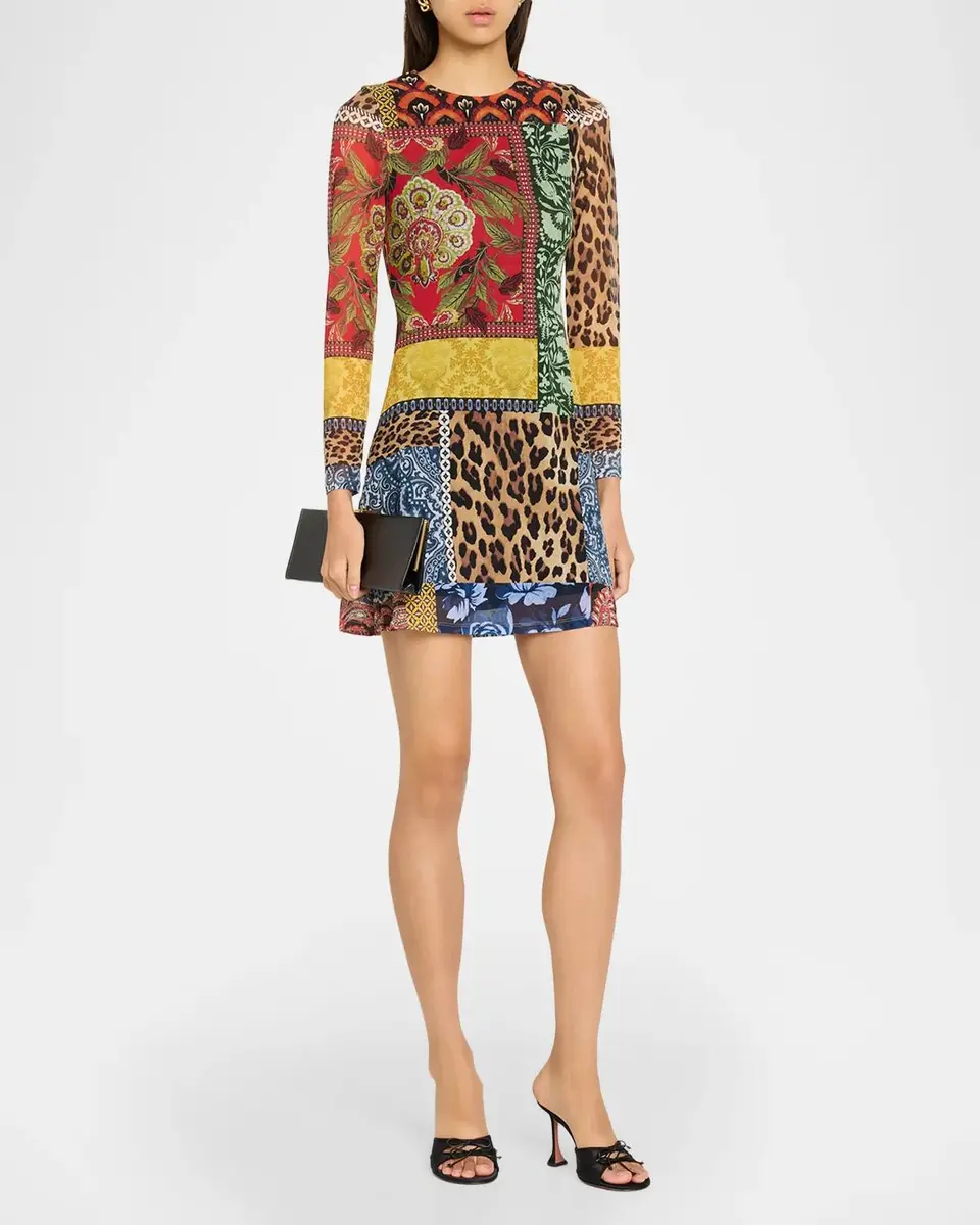 Alice + Olivia Delora Patchwork Long-Sleeve Mini Dress | Thumbnail 4 Alice + Olivia Delora Patchwork Long-Sleeve Mini Dress | Thumbnail 4