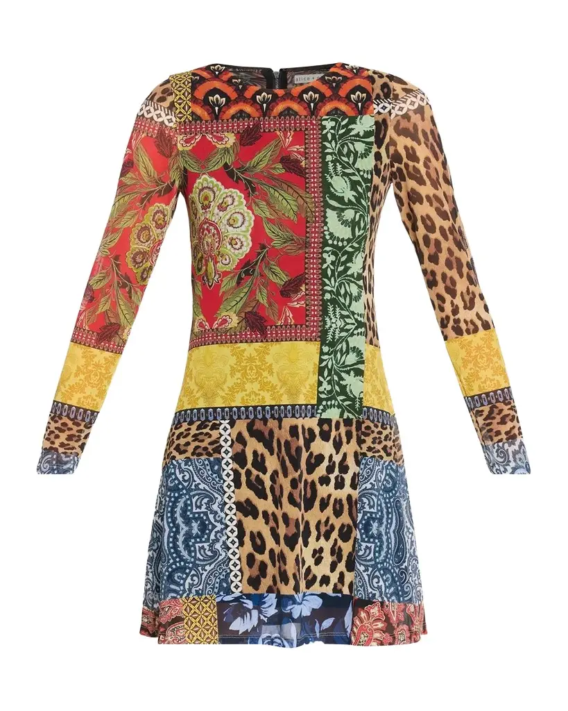 Alice + Olivia Delora Patchwork Long-Sleeve Mini Dress