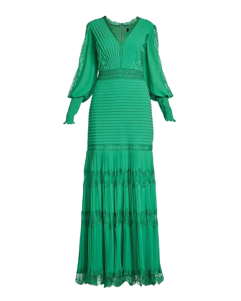 Tadashi Shoji Tiered Bishop-Sleeve Pleated Lace Gown