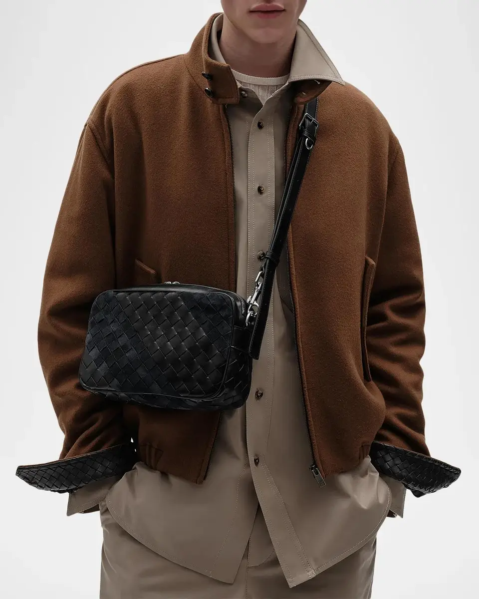 Bottega Veneta Men's Small Intrecciato Suede and Leather Camera Bag | Thumbnail 2 Bottega Veneta Men's Small Intrecciato Suede and Leather Camera Bag | Thumbnail 2
