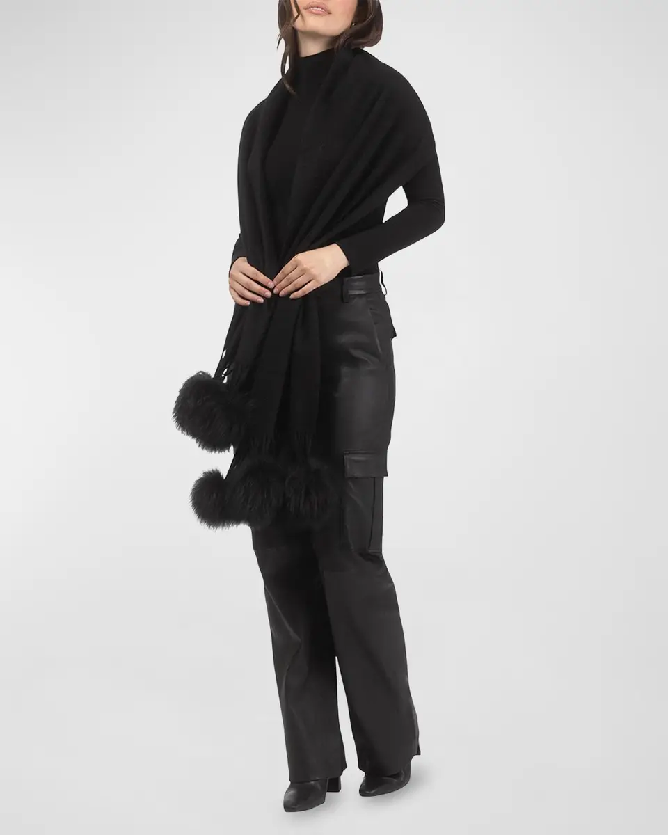 Gorski Select Cashmere Stole With Lamb Shearling Poms | Thumbnail 2 Gorski Select Cashmere Stole With Lamb Shearling Poms | Thumbnail 2