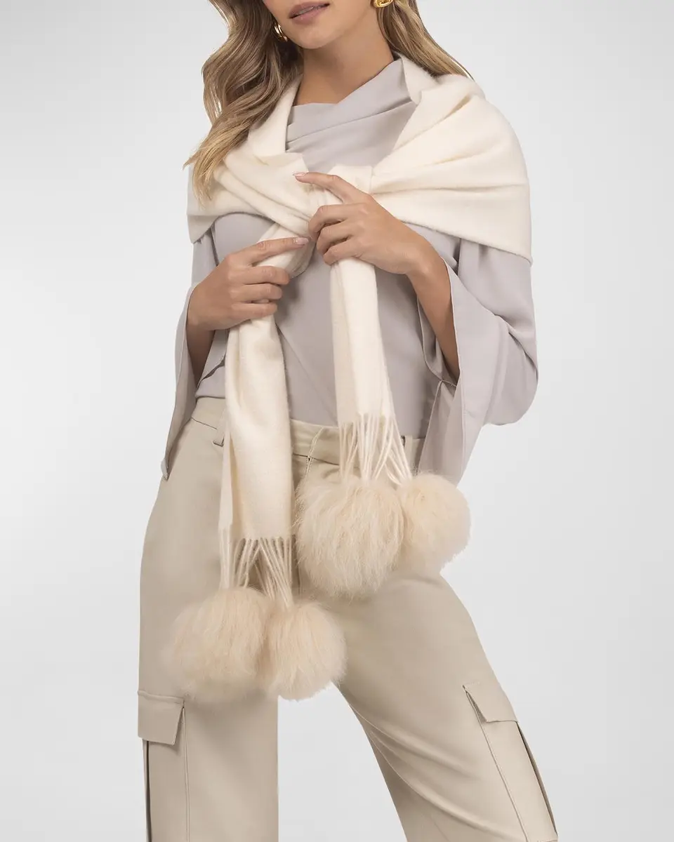 Gorski Select Cashmere Stole With Lamb Shearling Poms | Thumbnail 6 Gorski Select Cashmere Stole With Lamb Shearling Poms | Thumbnail 6
