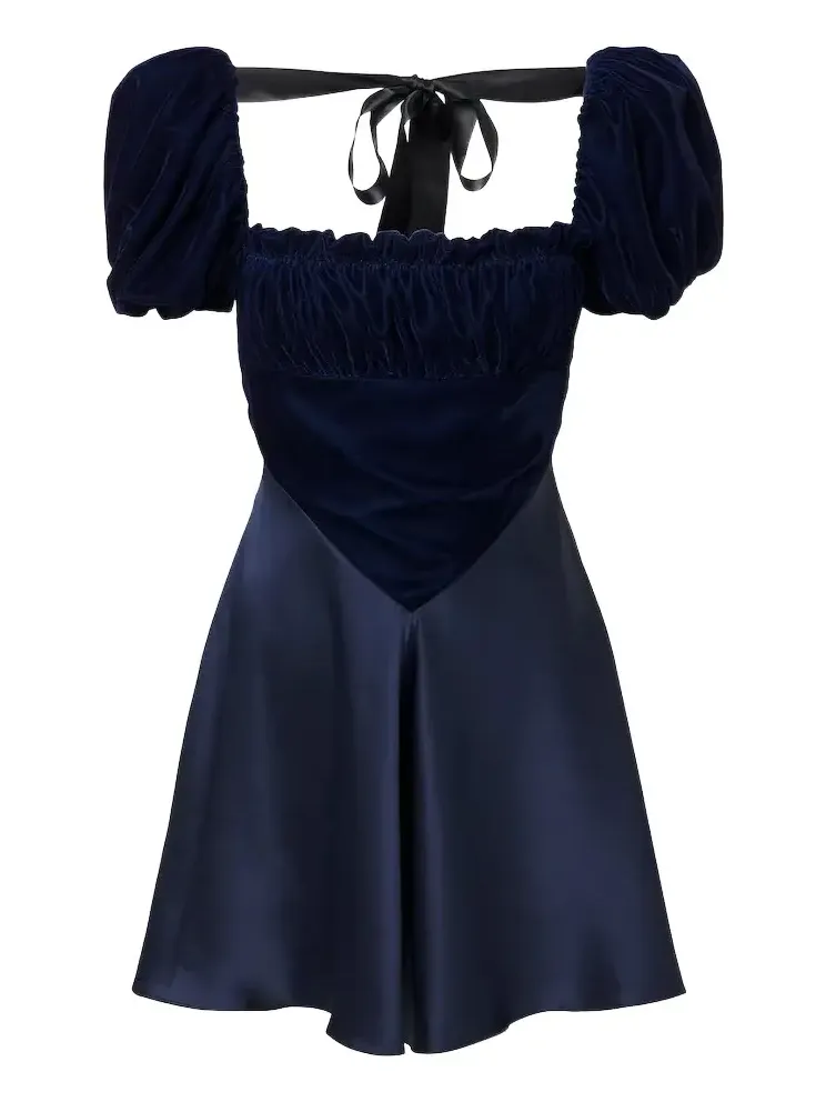 Ruched silk satin and velvet minidress