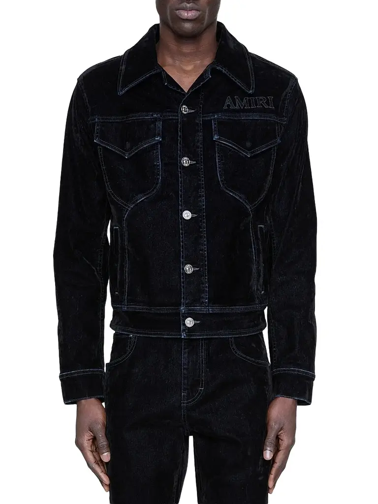 AMIRI Men's Vintage-Cut Flock Denim Jacket | Image 1 AMIRI Men's Vintage-Cut Flock Denim Jacket | Image 1