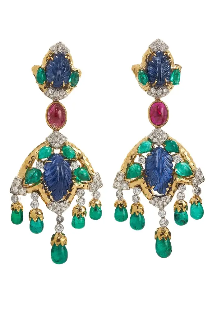 DAVID WEBB Emerald Sapphire Ruby Diamond Amazon Earrings