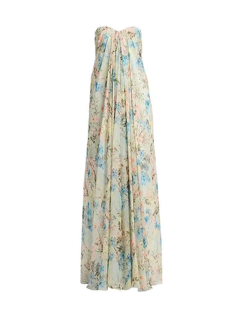 Alexander McQueen Women's Goddess Floral Draped Bustier Strapless Silk Maxi Dress