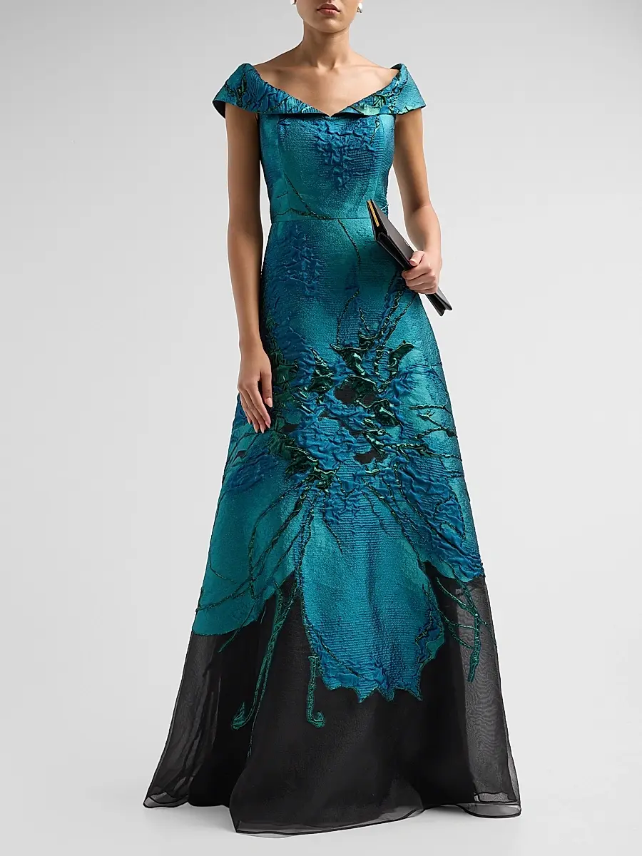 Teri Jon by Rickie Freeman Women's Floral Jacquard Organza A-Line Gown | Thumbnail 2